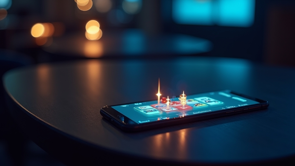 Smartphone mit Download-Ansicht für die Topbet App in dunkler Casino-Atmosphäre