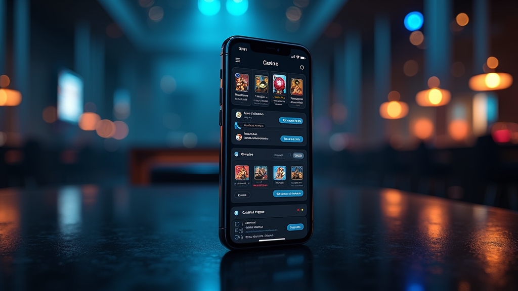 Mobile App-Übersicht mit Kontobereich und Spielnavigation auf dunklem Hintergrund