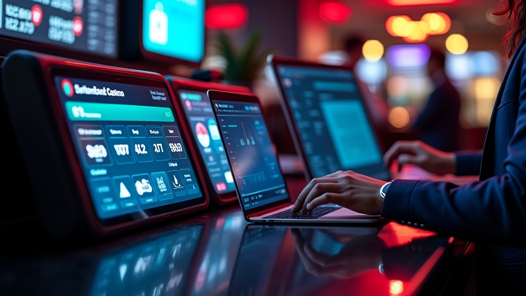 Dunkler Casino-Cashier mit digitalen Zahlungsicons und sicherer Transaktion