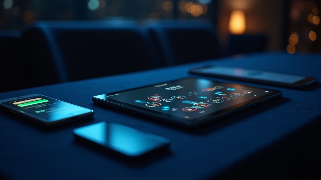 Mehrere Geräte mit App-Einstellungen und Akkusymbolen in dunkler Casino-Atmosphäre